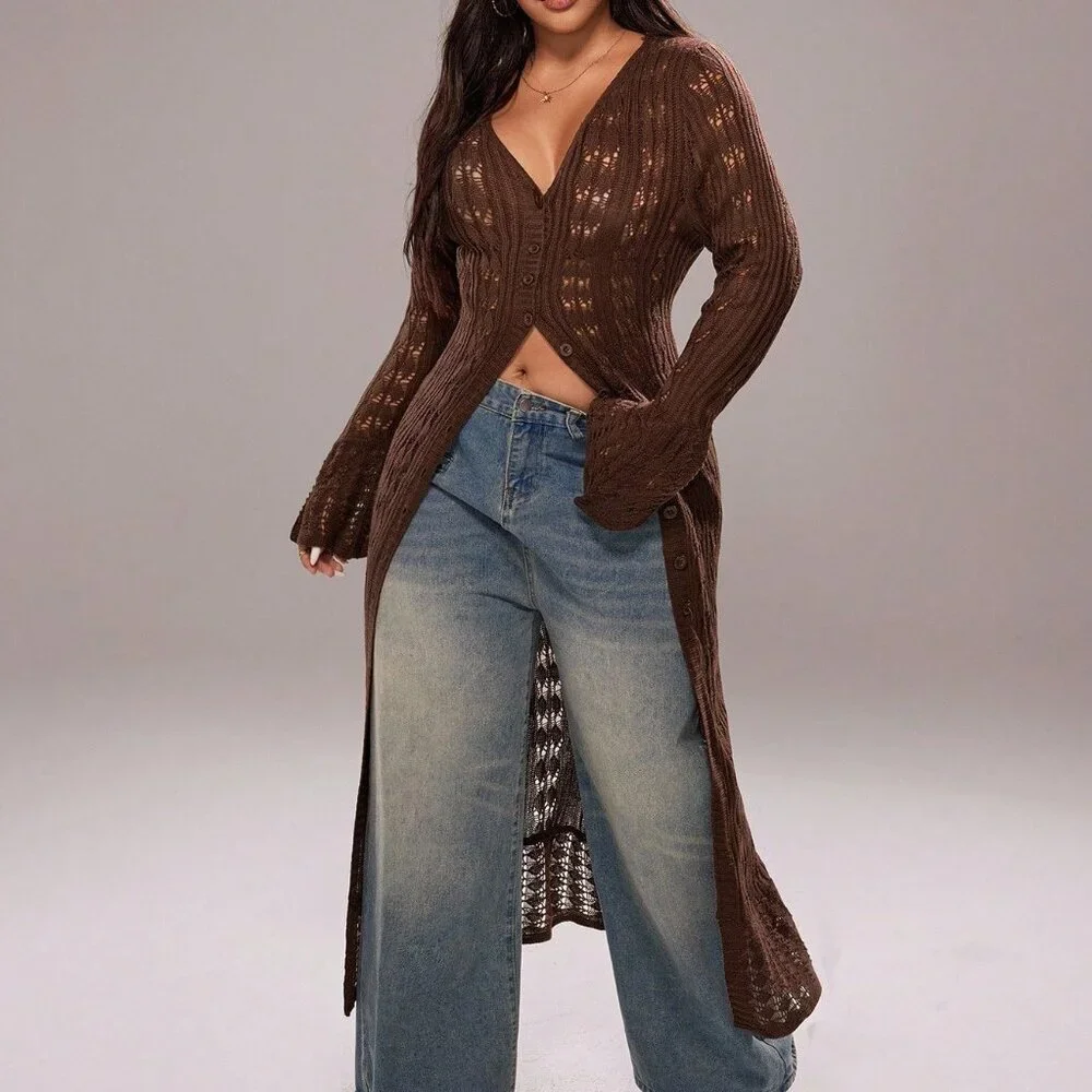 Coffee Brown Casual Women's Long Cardigan - Picture 6 of 7
